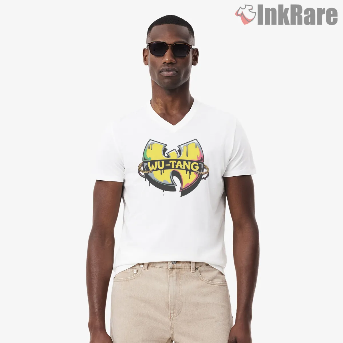 Wu Tang Drip Graffiti Chain Emblem V Neck White Wu Tang Drip Graffiti Chain Emblem Shirt on white v-neck shirt for men graphic tee