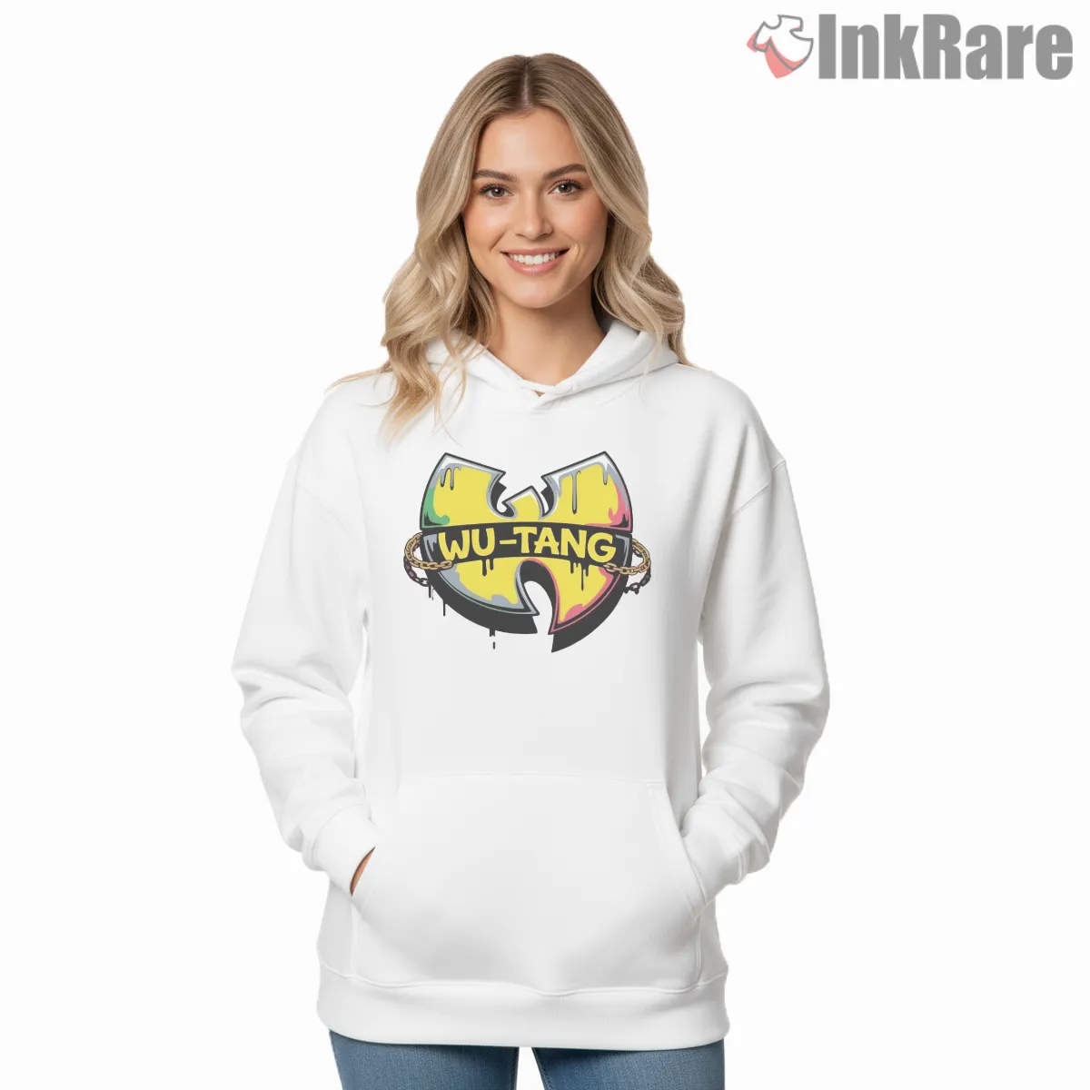 Wu Tang Drip Graffiti Chain Emblem Hoodie White Wu Tang Drip Graffiti Chain Emblem Shirt on white hoodie for women graphic tee