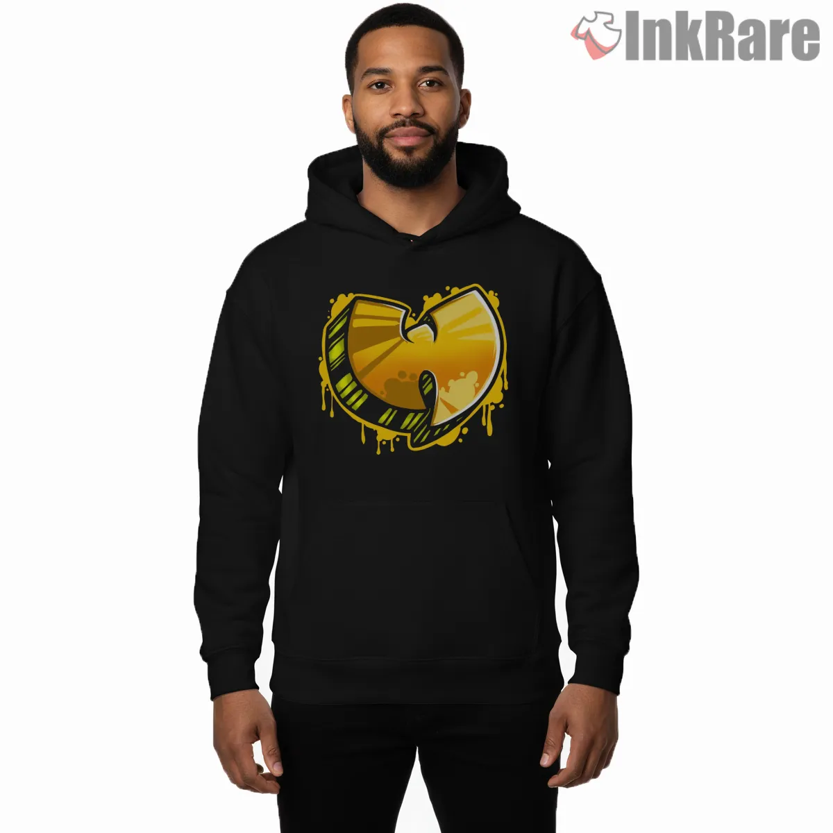 Wu Tang Drip Splash Classic Logo Shirt on black hoodie for men graphic tee