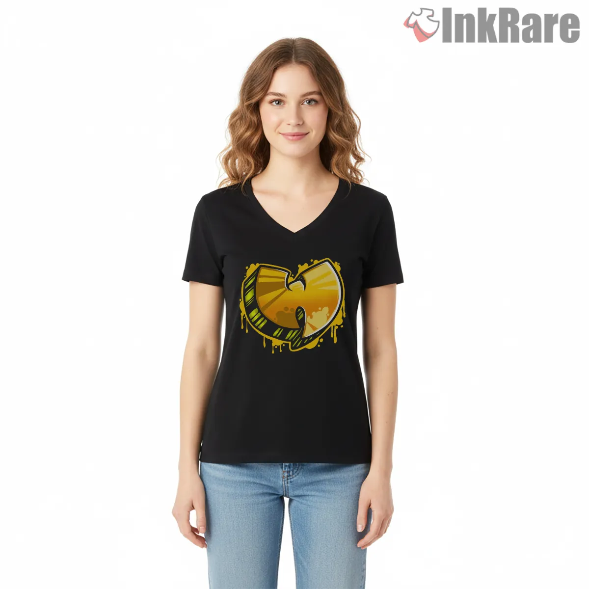 Wu Tang Drip Splash Classic Logo V Neck Black Wu Tang Drip Splash Classic Logo Shirt on black v-neck shirt for women graphic tee
