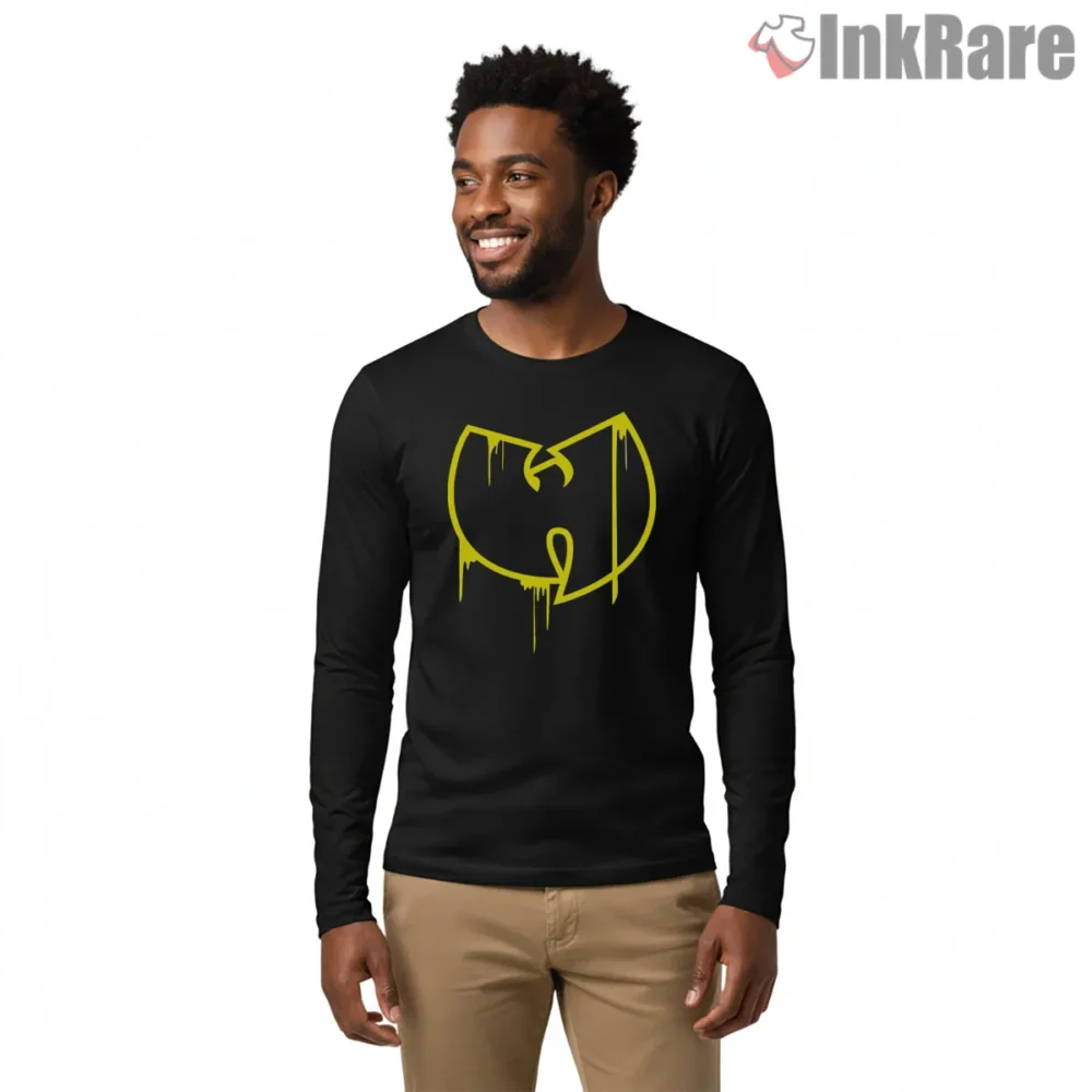 Wu Tang Dripping Outline Minimal Logo Shirt on black long sleeve shirt for men graphic tee