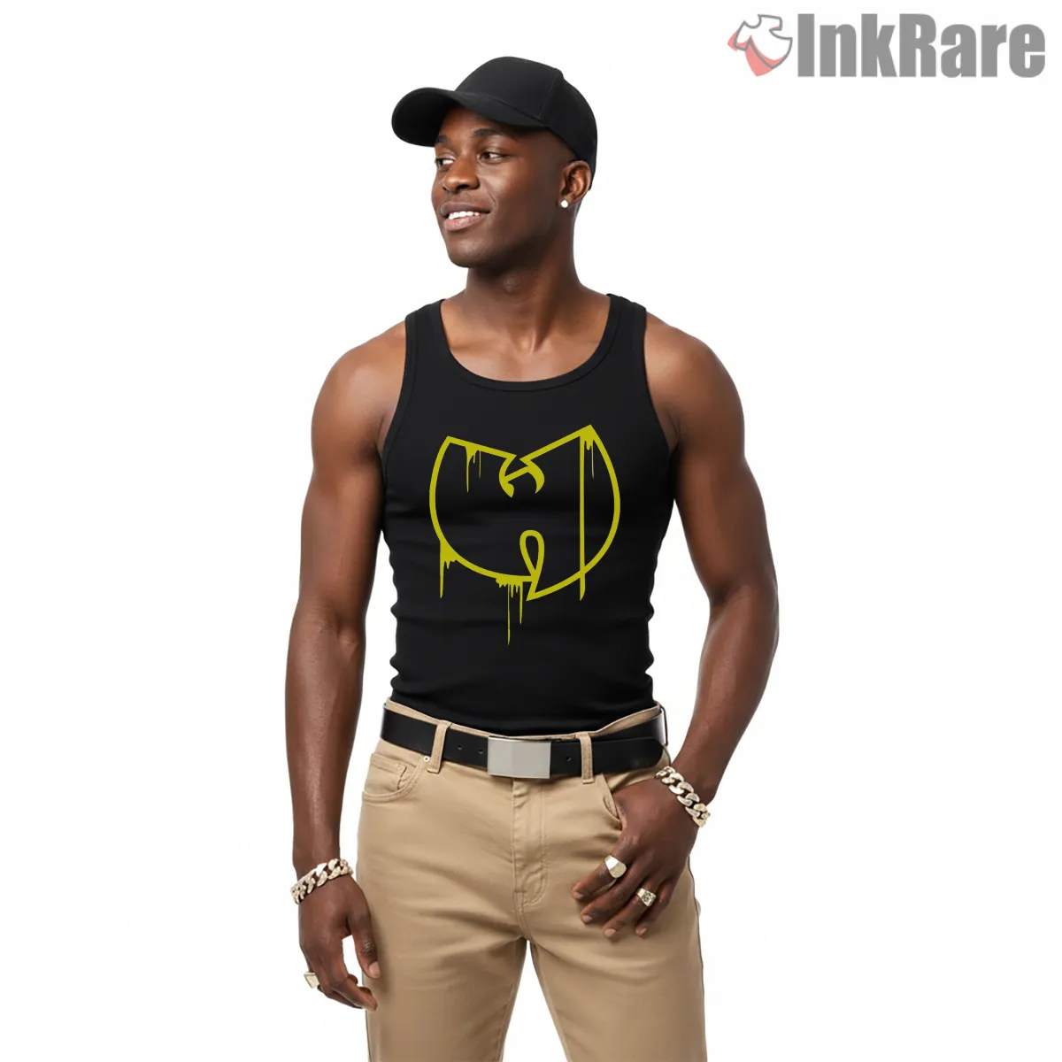 Wu Tang Dripping Outline Minimal Logo Shirt on black tank top for men graphic tee