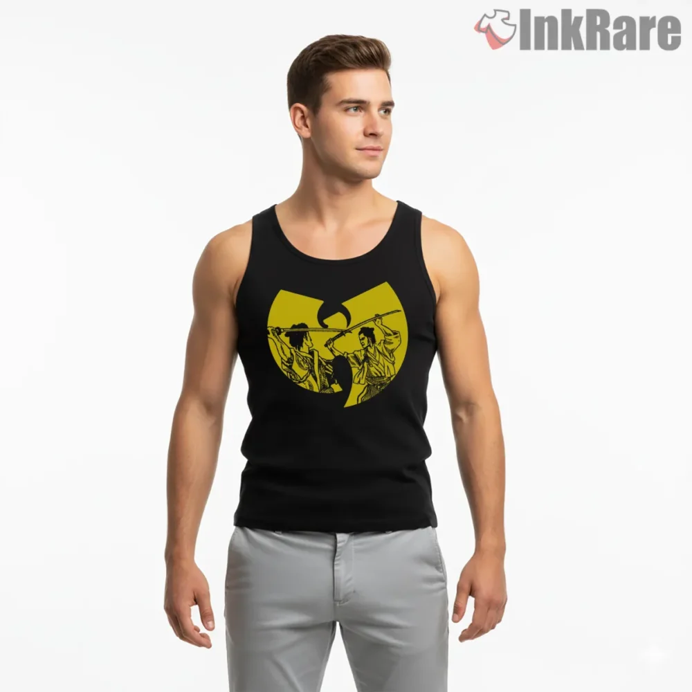 Wu Tang Fighting Samurai Retro Action Scene Logo Shirt on black tank top for men graphic tee