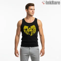 Wu Tang Fighting Samurai Retro Action Scene Logo Shirt on black tank top for men graphic tee