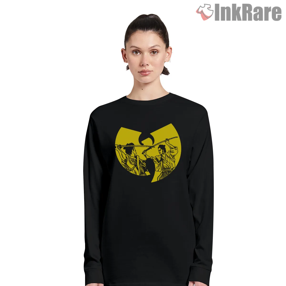 Wu Tang Fighting Samurai Retro Action Scene Logo Shirt on black long sleeve shirt for women graphic tee