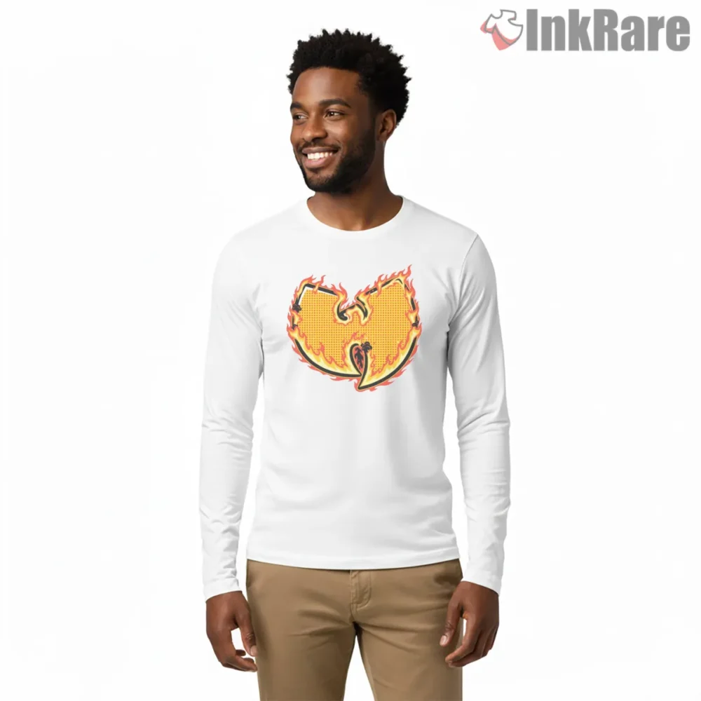 Wu Tang Flaming Halftone Emblem Anthem Shirt on white long sleeve shirt for men graphic tee