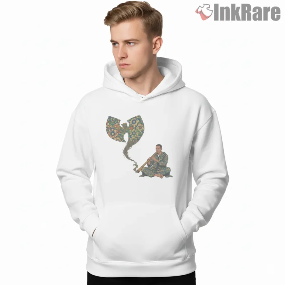 Wu Tang Floral Smoke Flute Player Shirt on white hoodie for men graphic tee