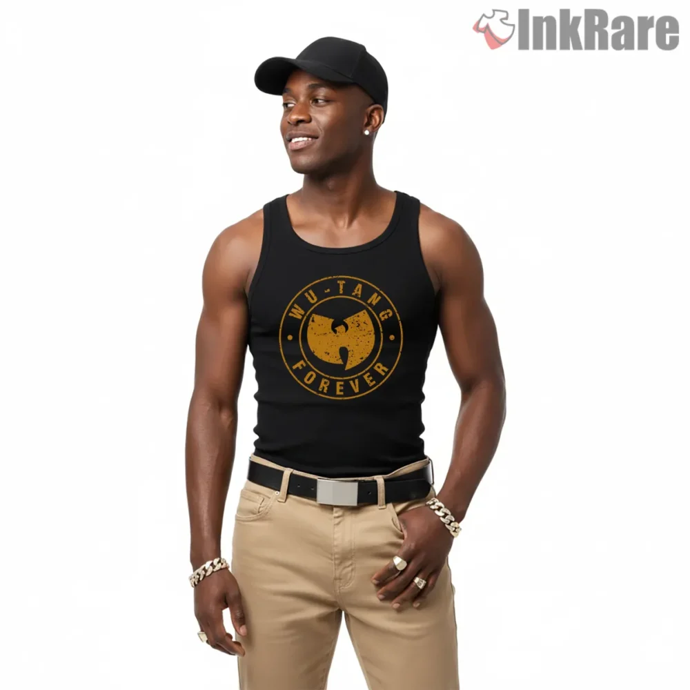 Wu Tang Forever Distressed Circle Logo Shirt on black tank top for men graphic tee