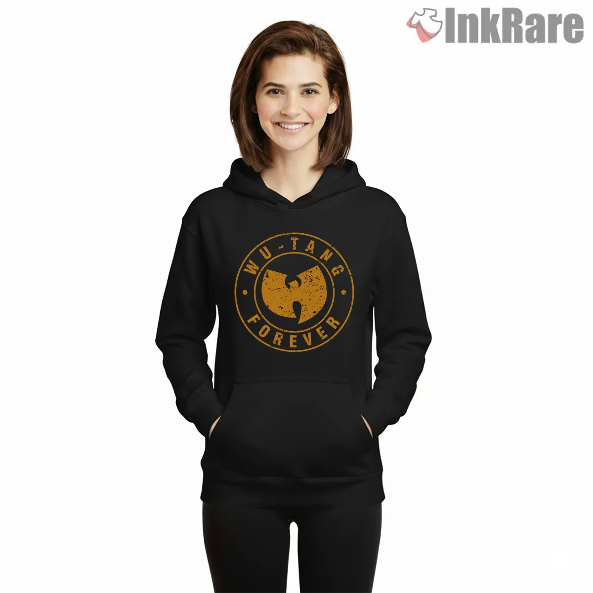 Wu Tang Forever Distressed Circle Logo Shirt on black hoodie for women graphic tee