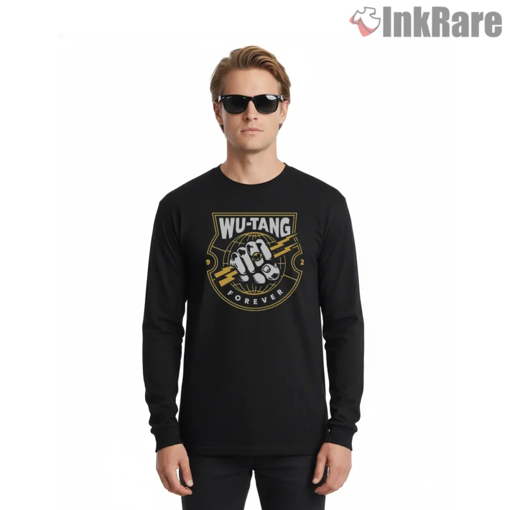 Wu Tang Forever Fist Logo Badge Shirt on black long sleeve shirt for men graphic tee