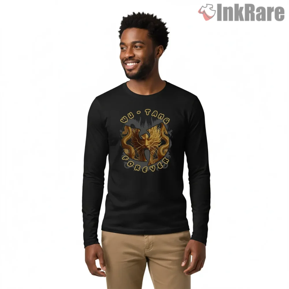 Wu Tang Forever Golden Dragon Crest Shirt on black long sleeve shirt for men graphic tee