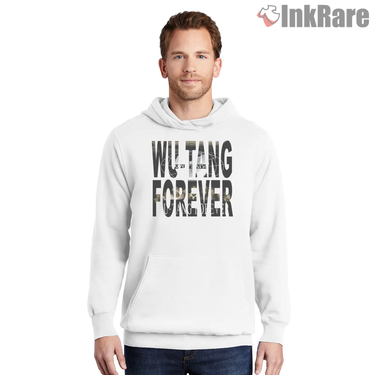 Wu Tang Forever Stacked Lettering Shirt on white hoodie for men graphic tee