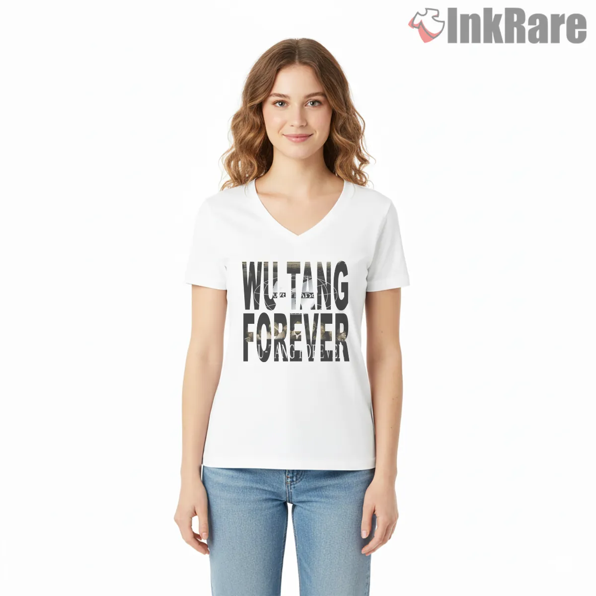 Wu Tang Forever Stacked Lettering V Neck White Wu Tang Forever Stacked Lettering Shirt on white v-neck shirt for women graphic tee