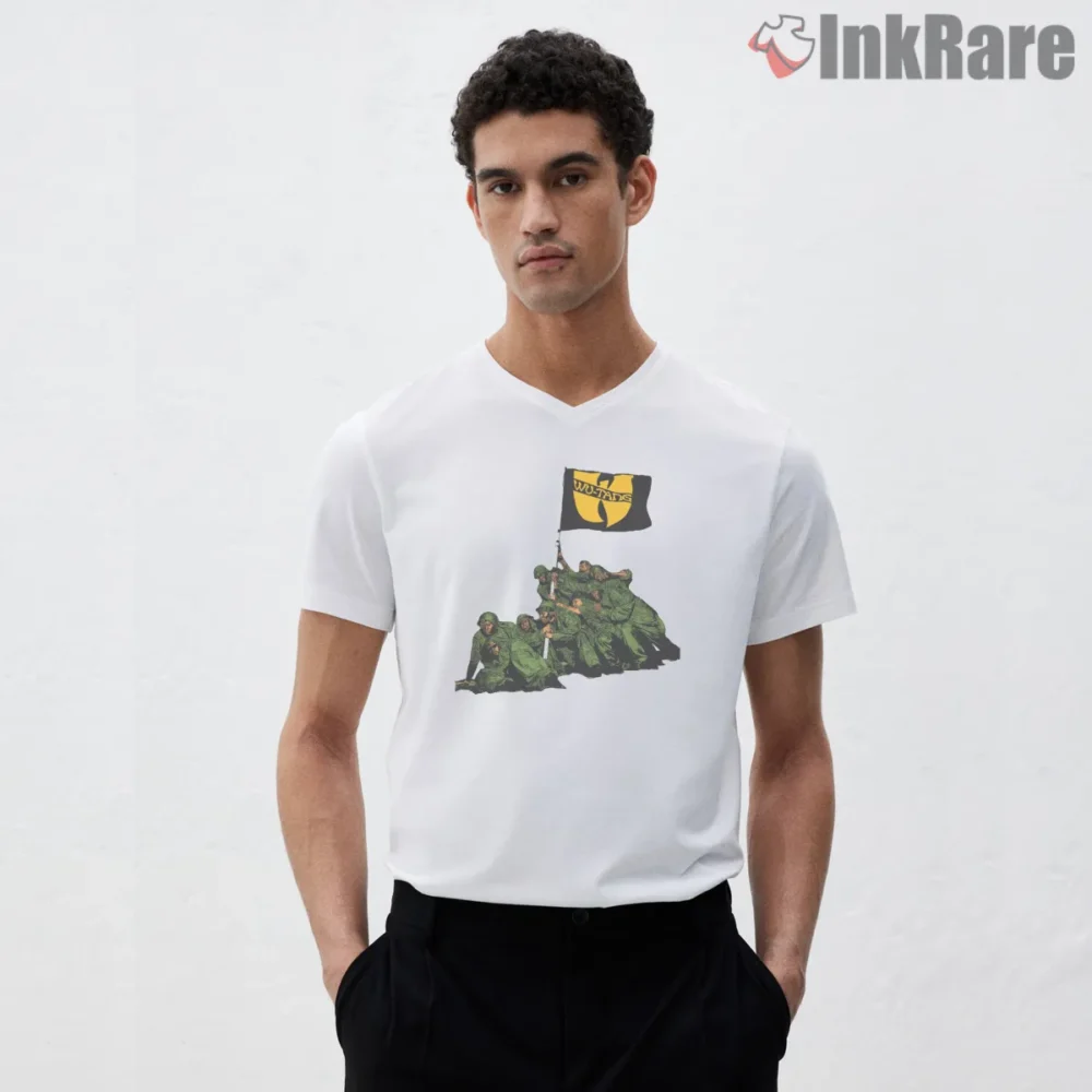 Wu Tang Freedom Flag Raise Vintage Shirt on white v-neck shirt for men graphic tee