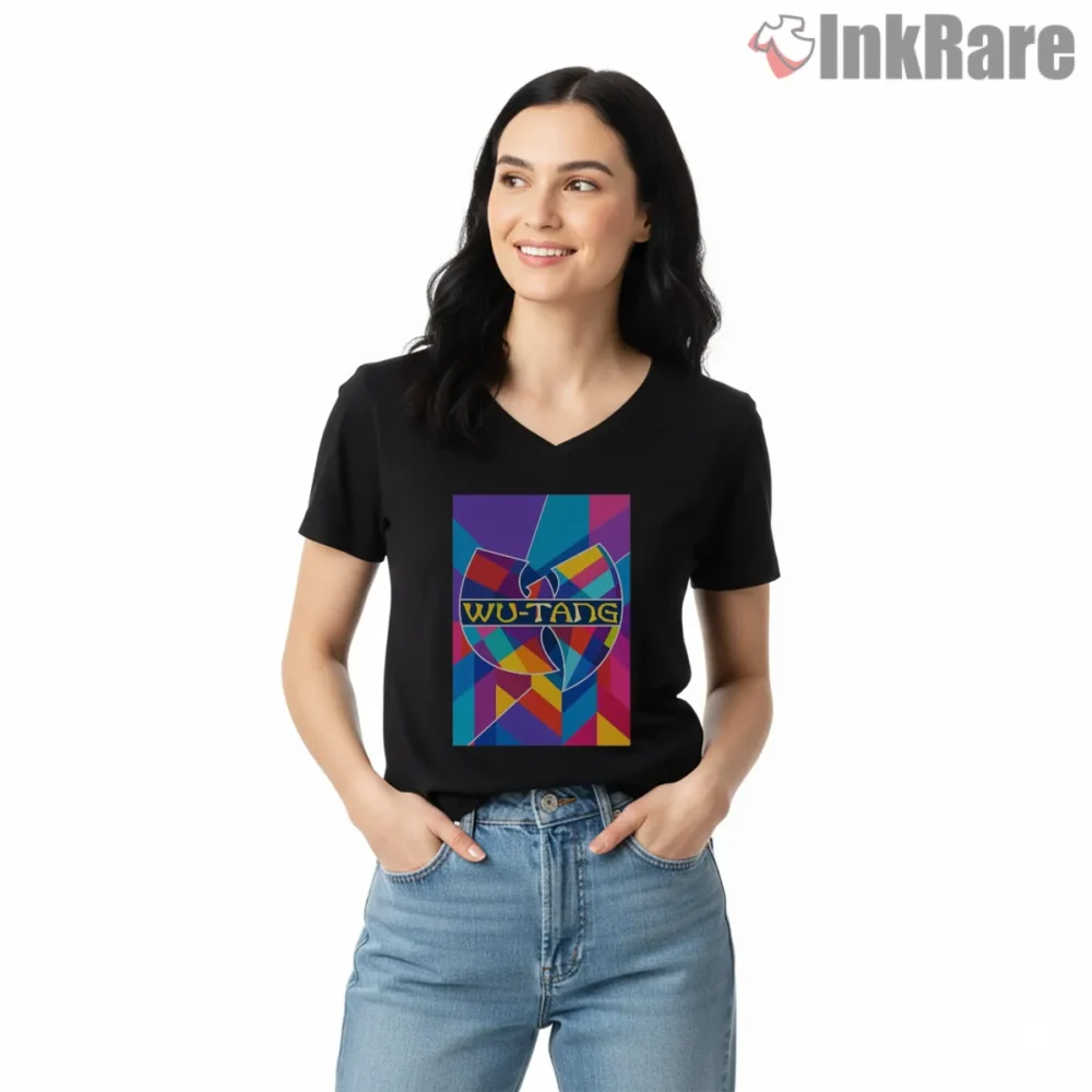 Wu Tang Geometric Pop Art Poster Shirt on black v-neck shirt for women graphic tee