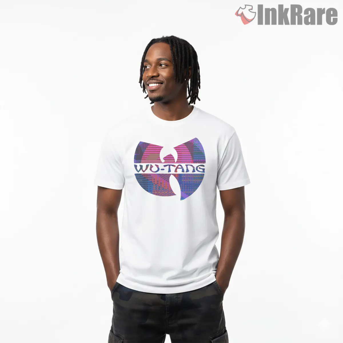 Wu Tang Glitch Scanline Logo Shirt on white short sleeve shirt for men graphic tee