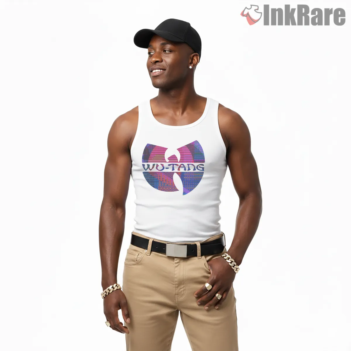 Wu Tang Glitch Scanline Logo Tank Top White Wu Tang Glitch Scanline Logo Shirt on white tank top for men graphic tee
