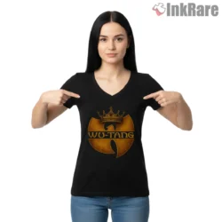 Wu Tang Golden Crown Classic Logo Shirt on black v-neck shirt for women graphic tee