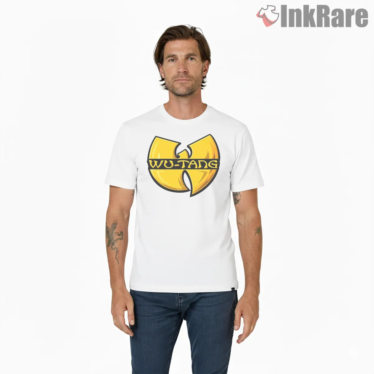 Wu Tang Golden Legacy Gloss Logo Shirt on white short sleeve shirt for men graphic tee