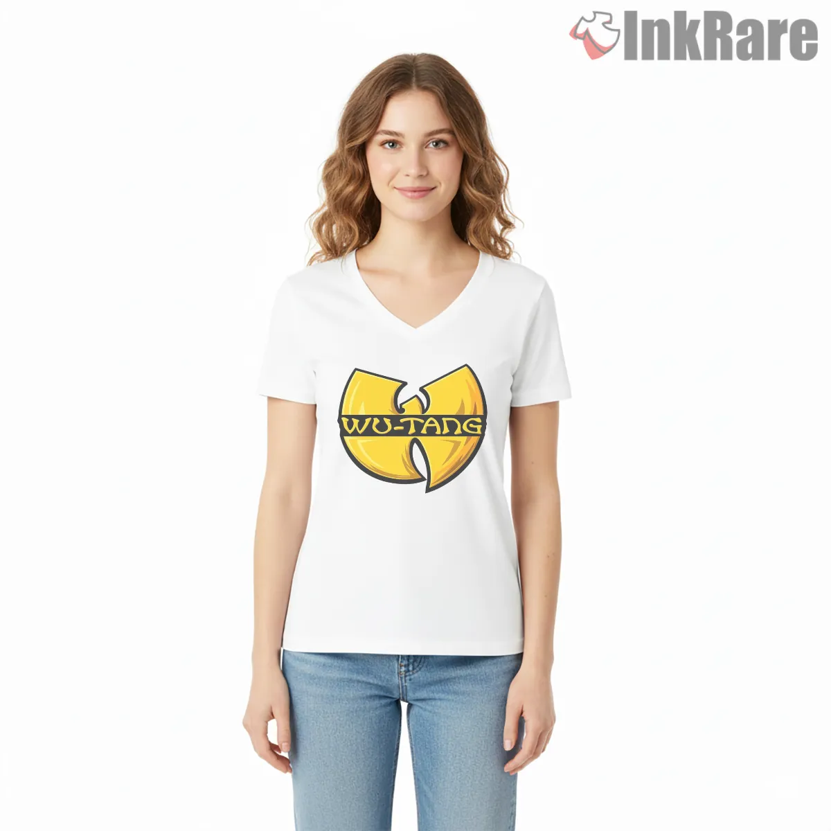 Wu Tang Golden Legacy Gloss Logo V Neck White Wu Tang Golden Legacy Gloss Logo Shirt on white v-neck shirt for women graphic tee