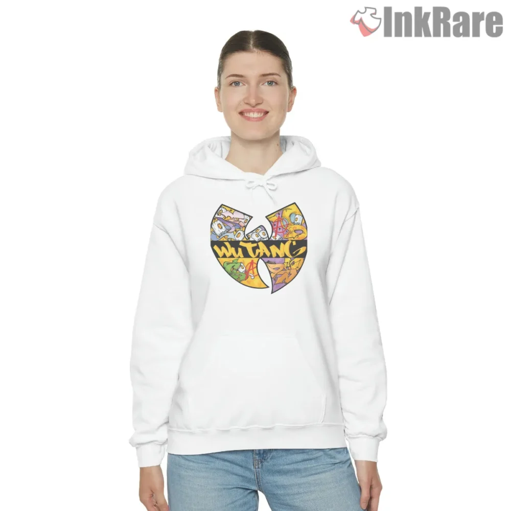 Wu Tang Graffiti Comic Collage Shirt on white hoodie for women graphic tee