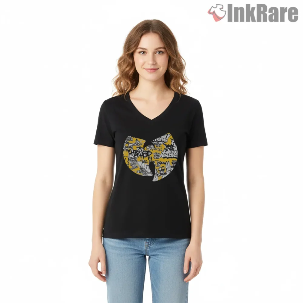 Wu Tang Graffiti Tag Collage Shirt on black v-neck shirt for women graphic tee