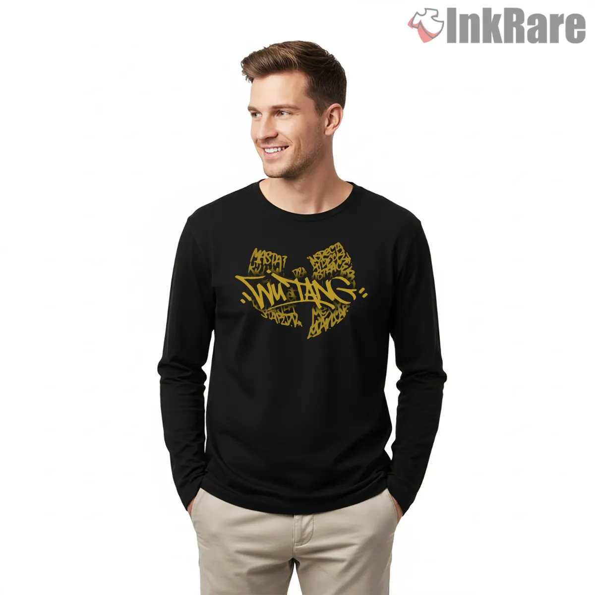 Wu Tang Graffiti Tag Street Art Logo Shirt on black long sleeve shirt for men graphic tee