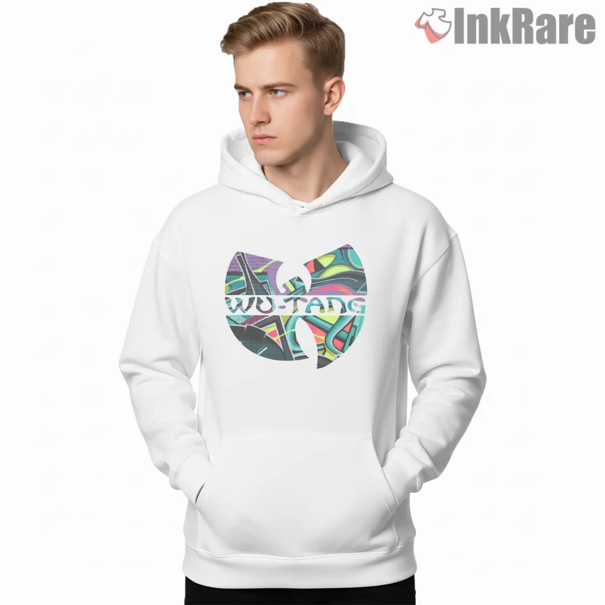 Wu Tang Graffiti Wall Color Splash Shirt on white hoodie for men graphic tee