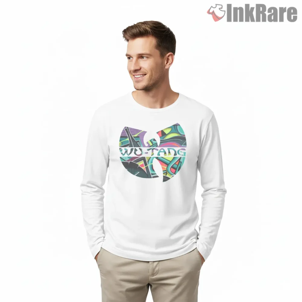 Wu Tang Graffiti Wall Color Splash Shirt on white long sleeve shirt for men graphic tee