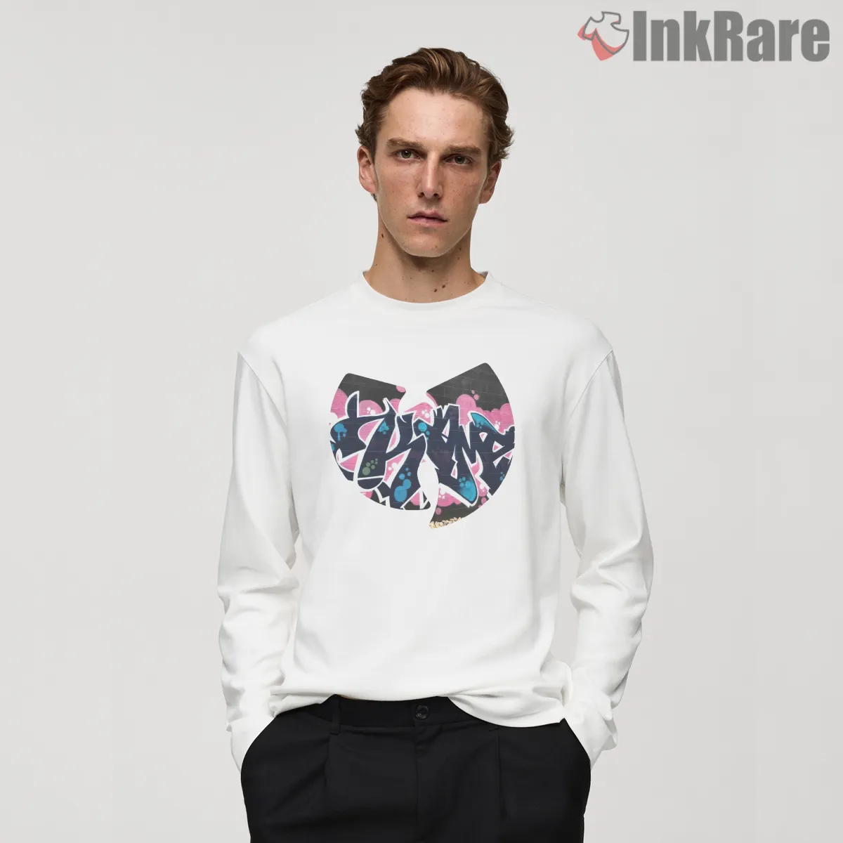 Wu Tang Graffiti Wildstyle Logo Shirt on white long sleeve shirt for men graphic tee