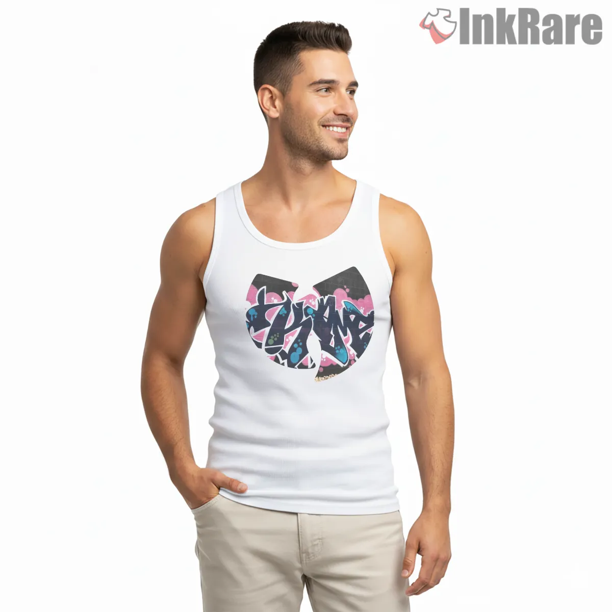 Wu Tang Graffiti Wildstyle Logo Tank Top White Wu Tang Graffiti Wildstyle Logo Shirt on white tank top for men graphic tee