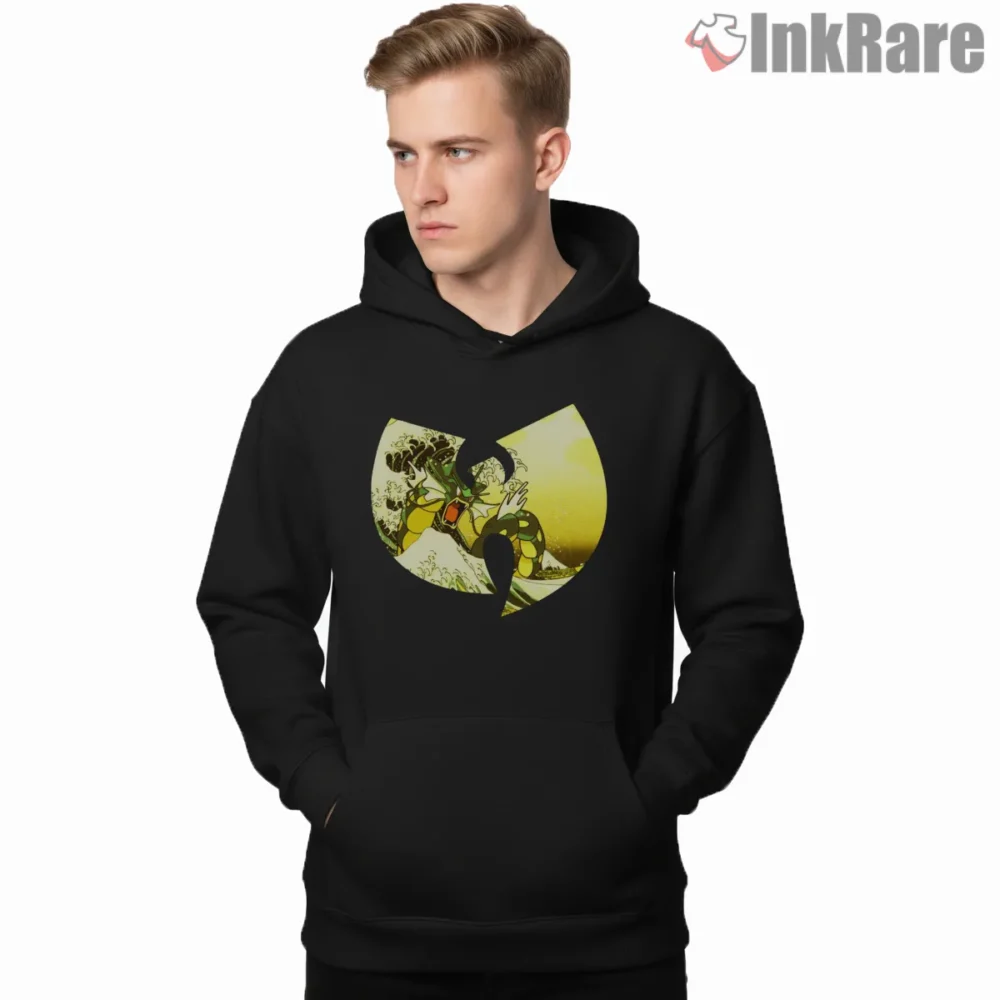 Wu Tang Great Wave Dragon Scene Shirt on black hoodie for men graphic tee