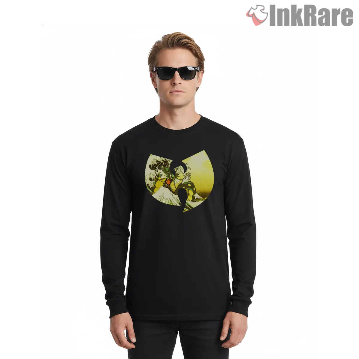 Wu Tang Great Wave Dragon Scene Shirt on black long sleeve shirt for men graphic tee