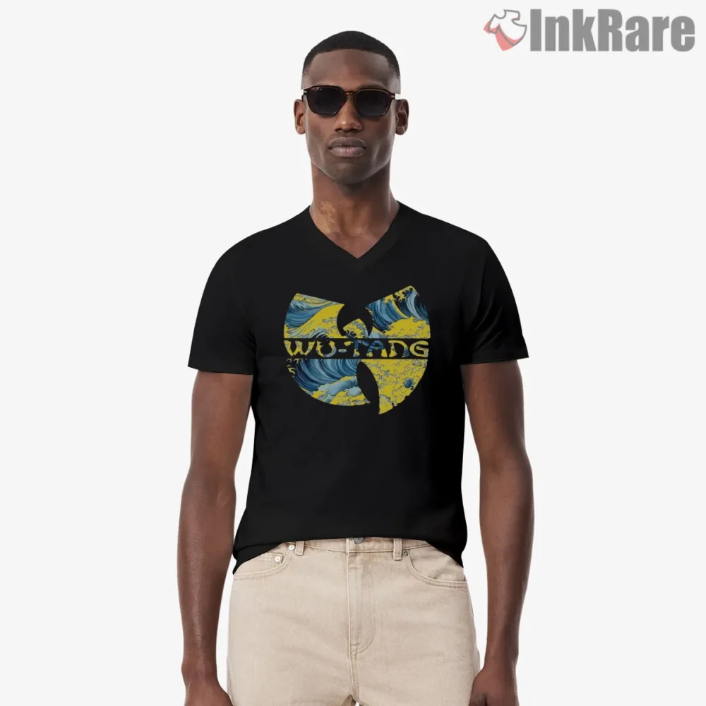 Wu Tang Great Wave Japanese Art Logo Shirt on black v-neck shirt for men graphic tee