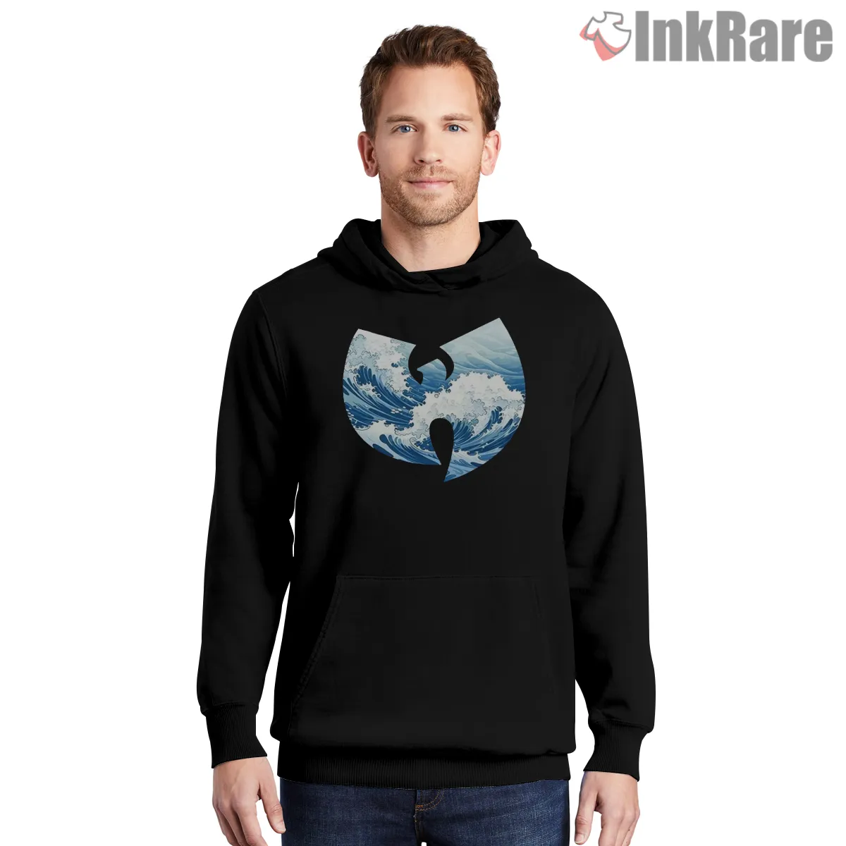 Wu Tang Great Wave Kanagawa Japanese Art Logo Shirt on black hoodie for men graphic tee
