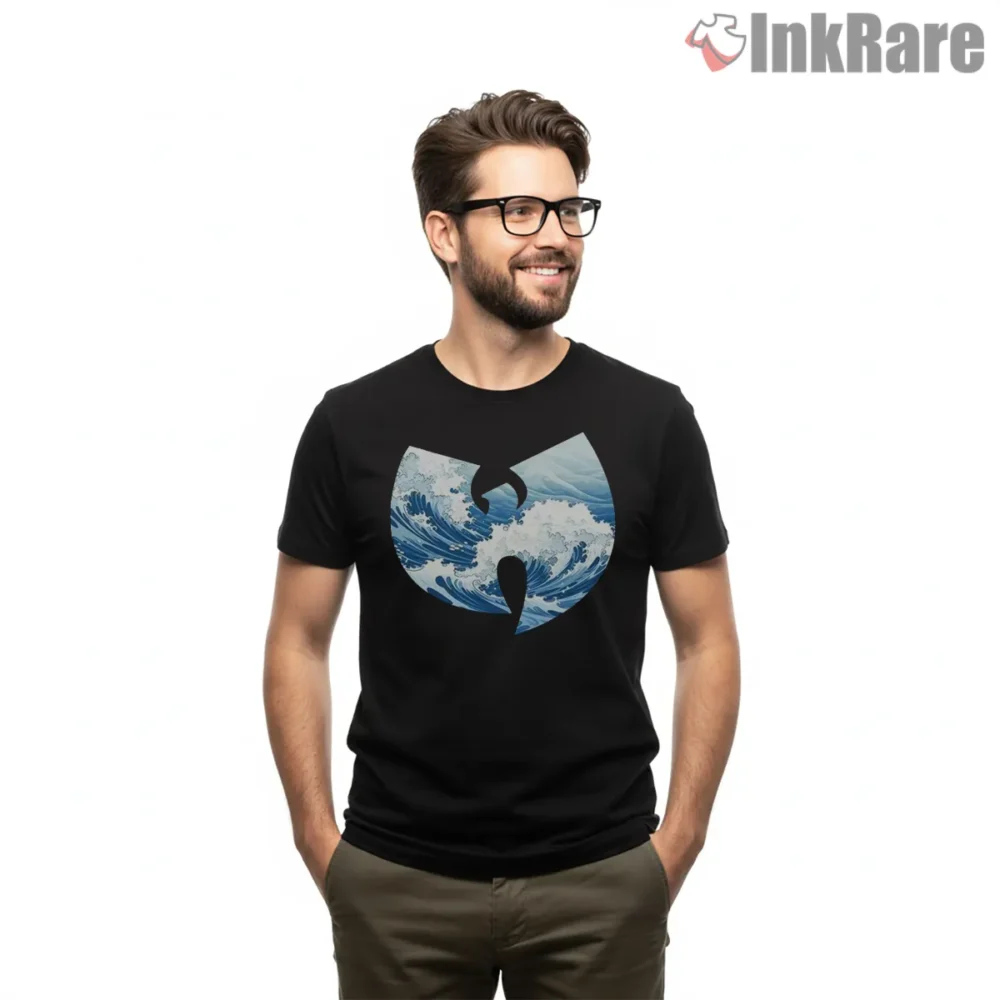 Wu Tang Great Wave Kanagawa Japanese Art Logo Shirt on black short sleeve shirt for men graphic tee