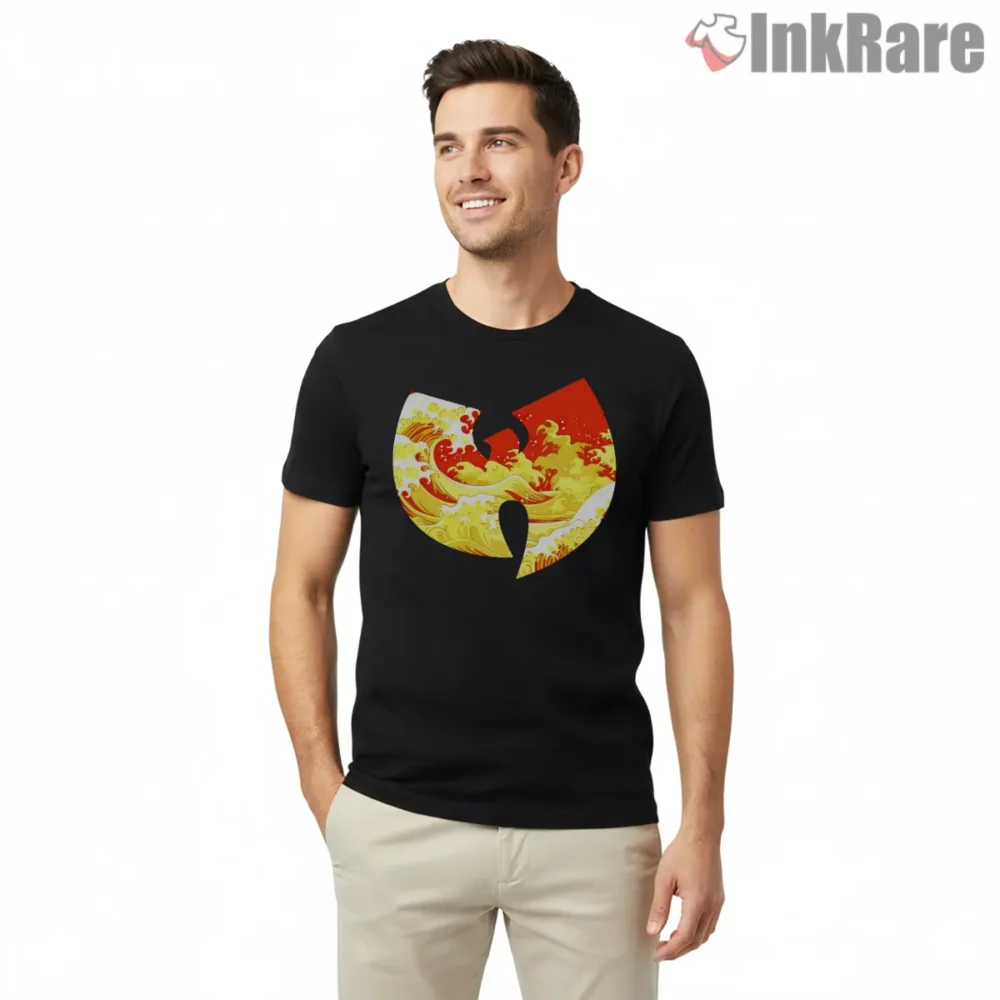 Wu Tang Great Wave Ocean Print Logo Shirt on black short sleeve shirt for men graphic tee