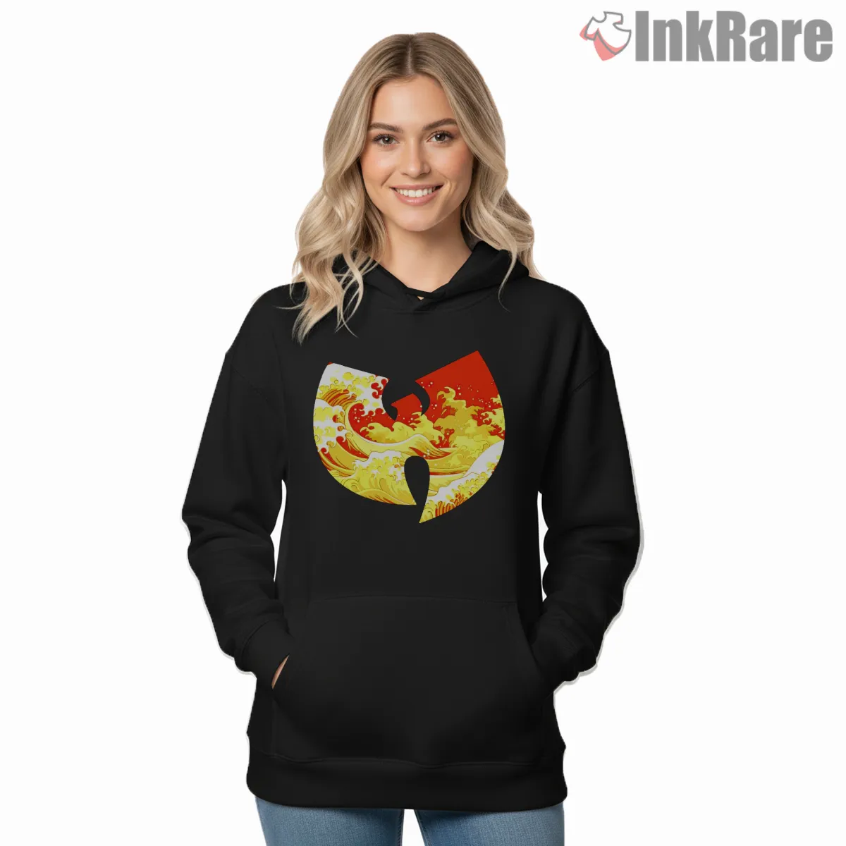 Wu Tang Great Wave Ocean Print Logo Shirt on black hoodie for women graphic tee