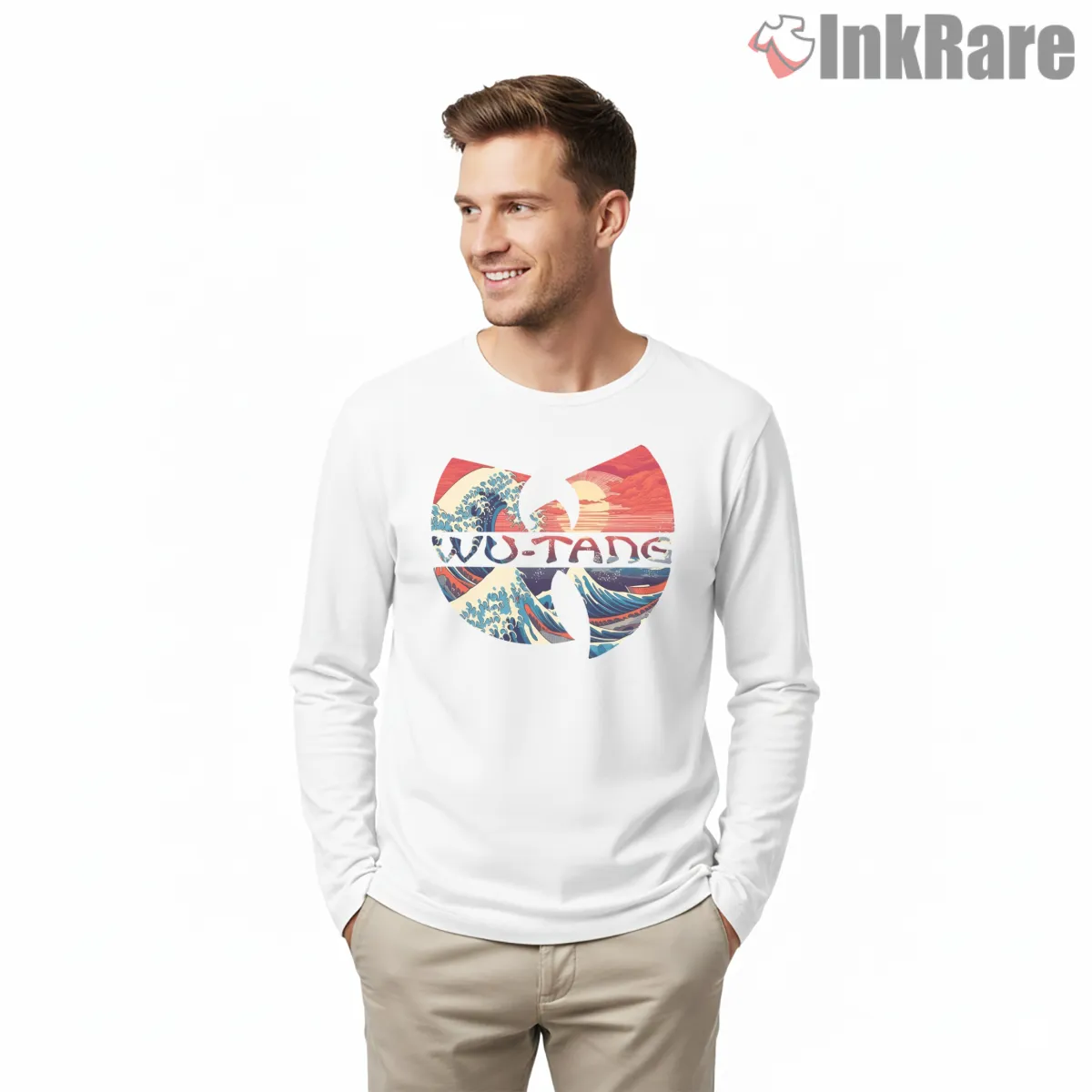 Wu Tang Great Wave Ocean Sunrise Shirt on white long sleeve shirt for men graphic tee