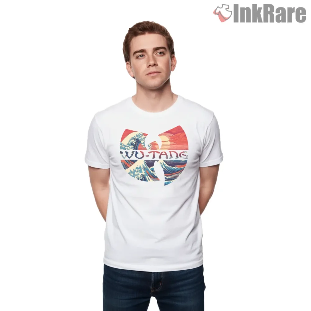 Wu Tang Great Wave Ocean Sunrise Shirt on white short sleeve shirt for men graphic tee