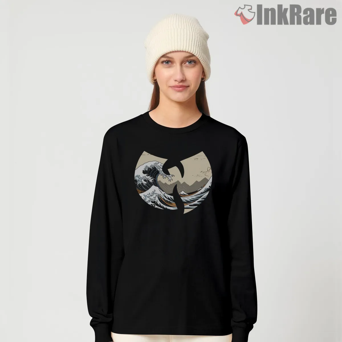Wu Tang Great Wave Ukiyo E Shirt on black long sleeve shirt for women graphic tee