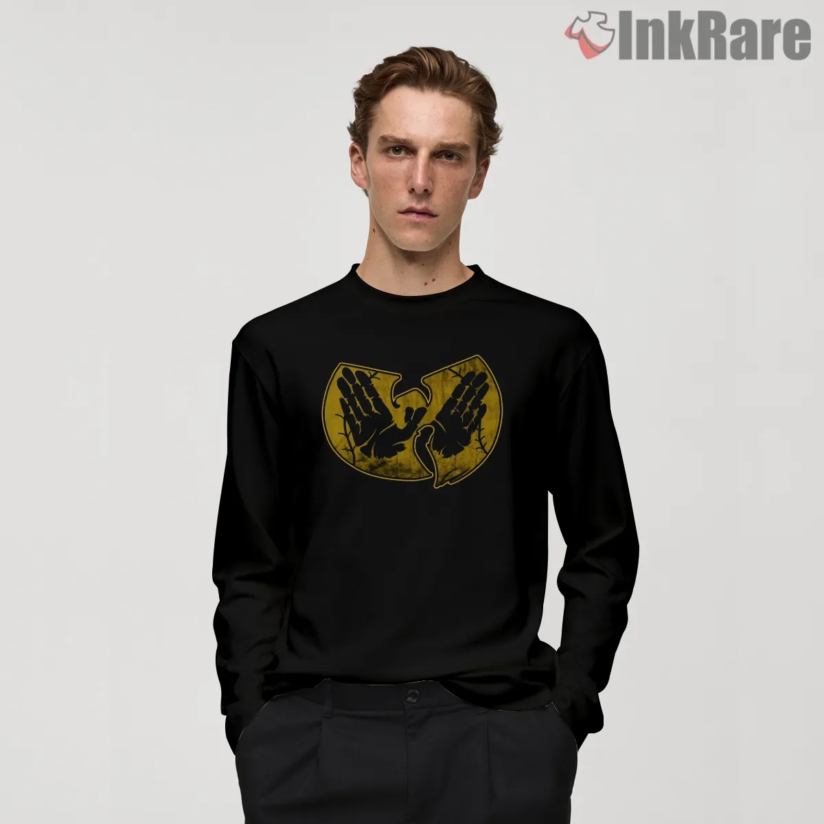 Wu Tang Grunge Handprint Logo Shirt on black long sleeve shirt for men graphic tee