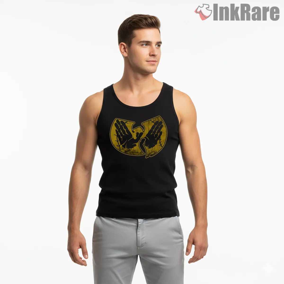 Wu Tang Grunge Handprint Logo Tank Top Black Wu Tang Grunge Handprint Logo Shirt on black tank top for men graphic tee