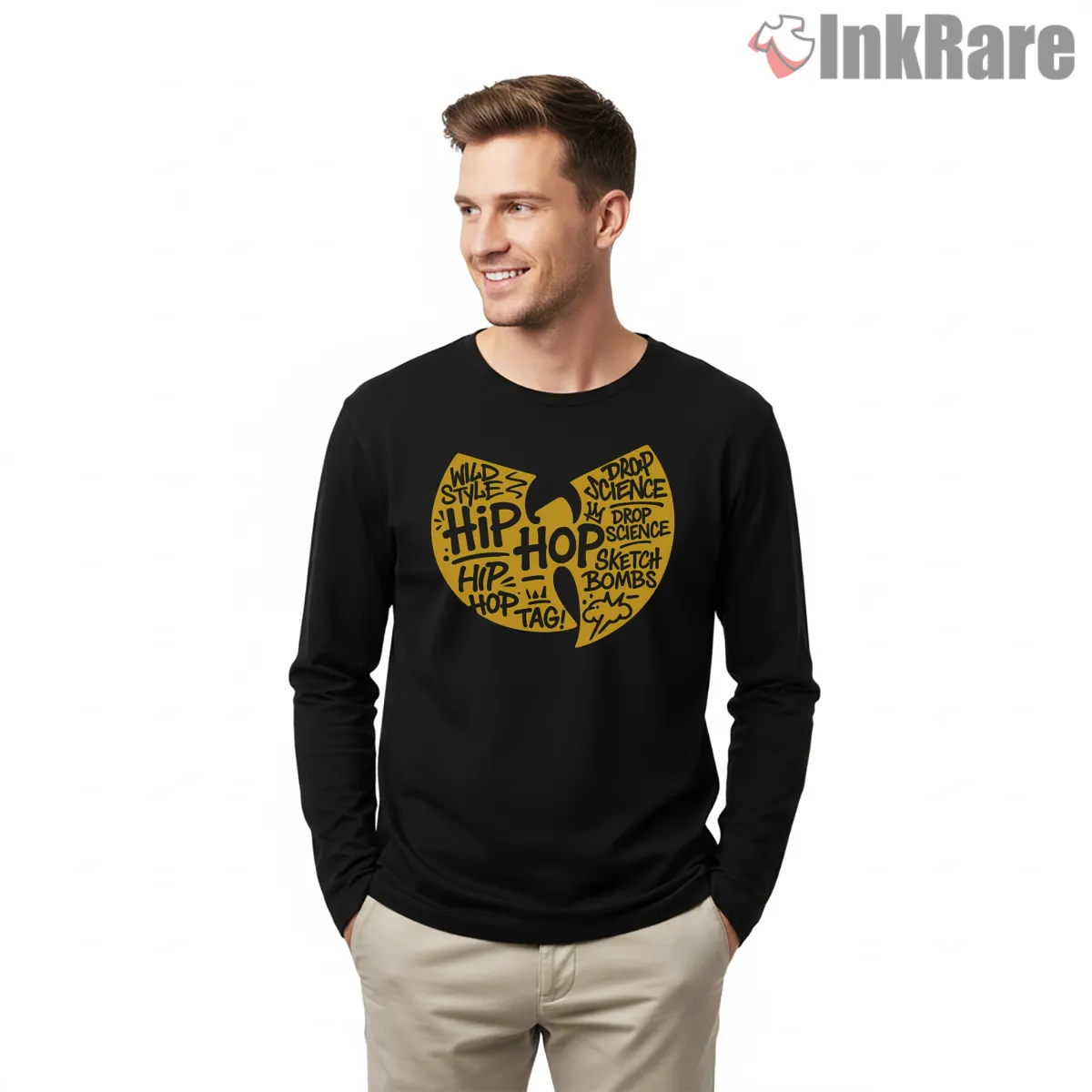 Wu Tang Hip Hop Wild Style Tag Shirt on black long sleeve shirt for men graphic tee