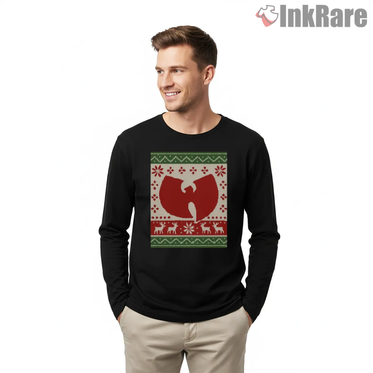 Wu Tang Holiday Knit Pattern Ugly Christmas Shirt on black long sleeve shirt for men graphic tee