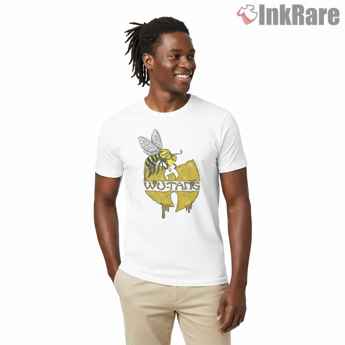 Wu Tang Honey Bee Drip Logo Shirt on white short sleeve shirt for men graphic tee