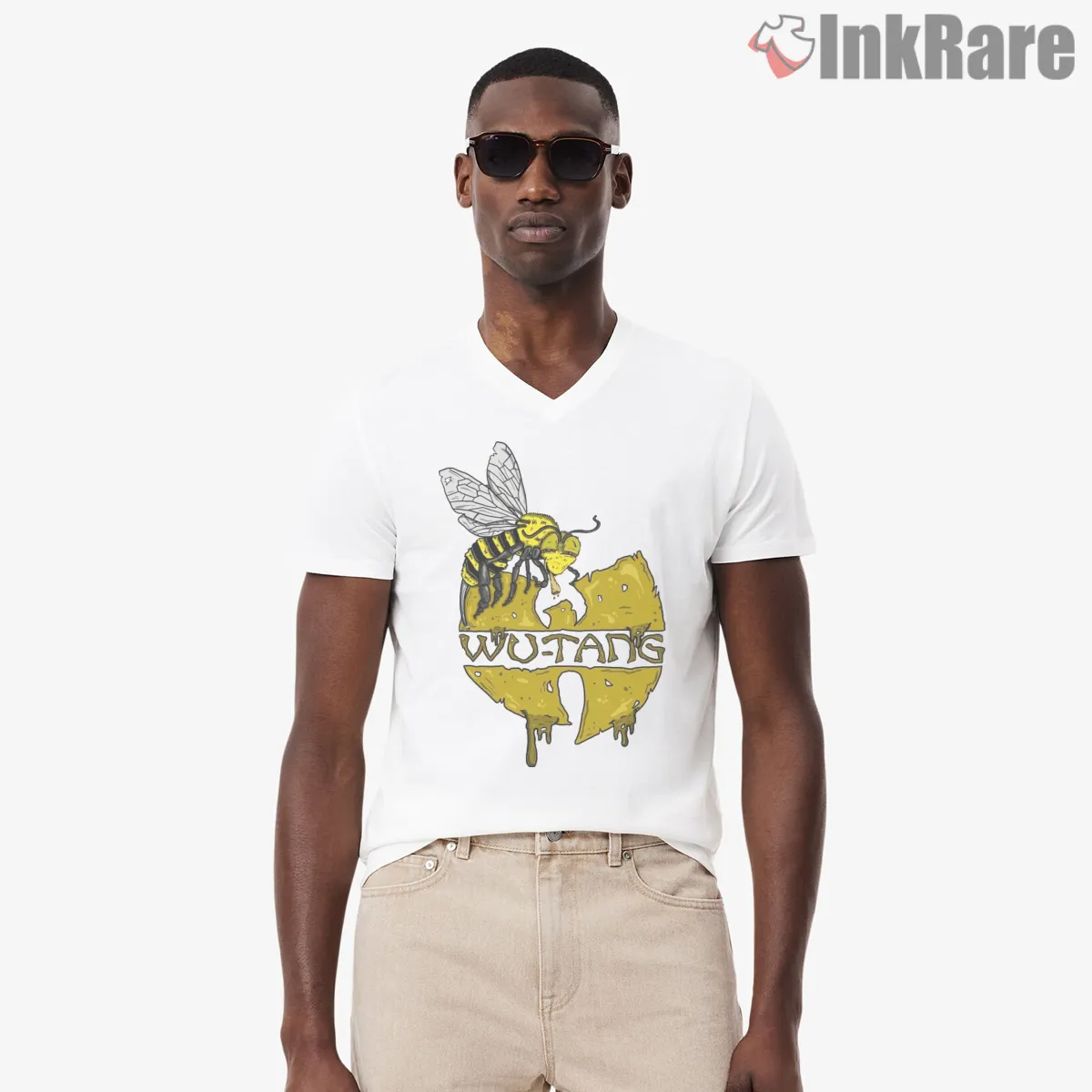 Wu Tang Honey Bee Drip Logo V Neck White Wu Tang Honey Bee Drip Logo Shirt on white v-neck shirt for men graphic tee