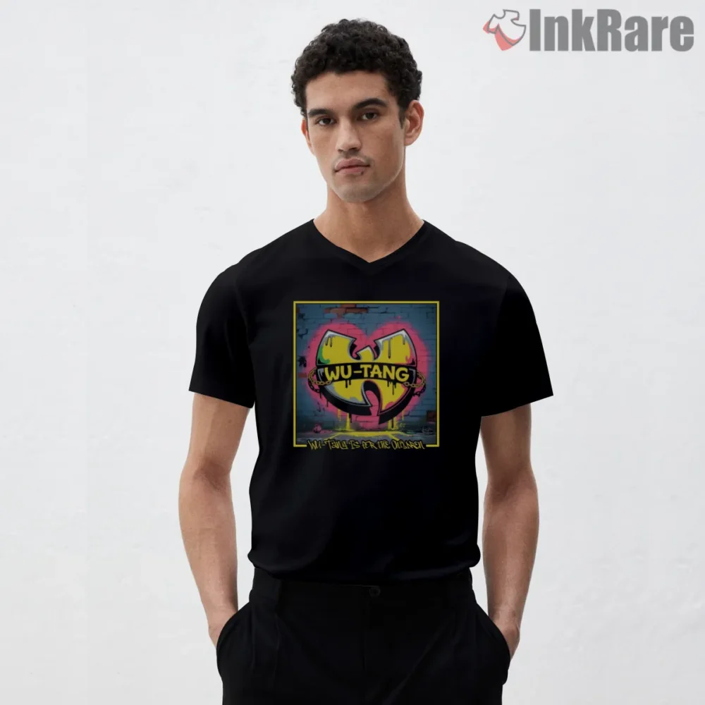 Wu Tang Is For The Children Graffiti Poster Shirt on black v-neck shirt for men graphic tee