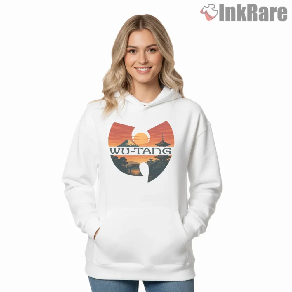 Wu Tang Japanese Sunset Fuji Scene Shirt on white hoodie for women graphic tee