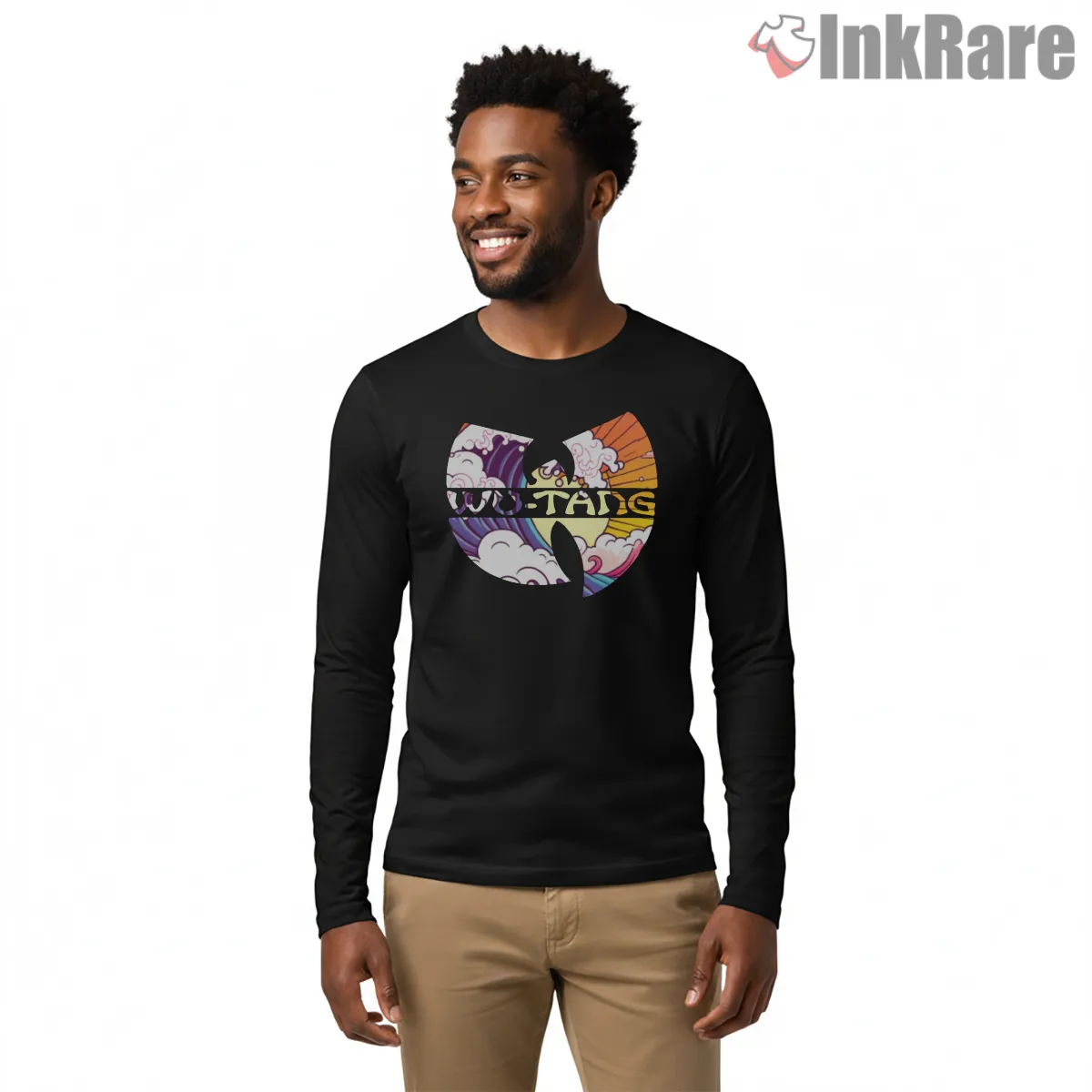 Wu Tang Japanese Wave And Clouds Logo Shirt on black long sleeve shirt for men graphic tee